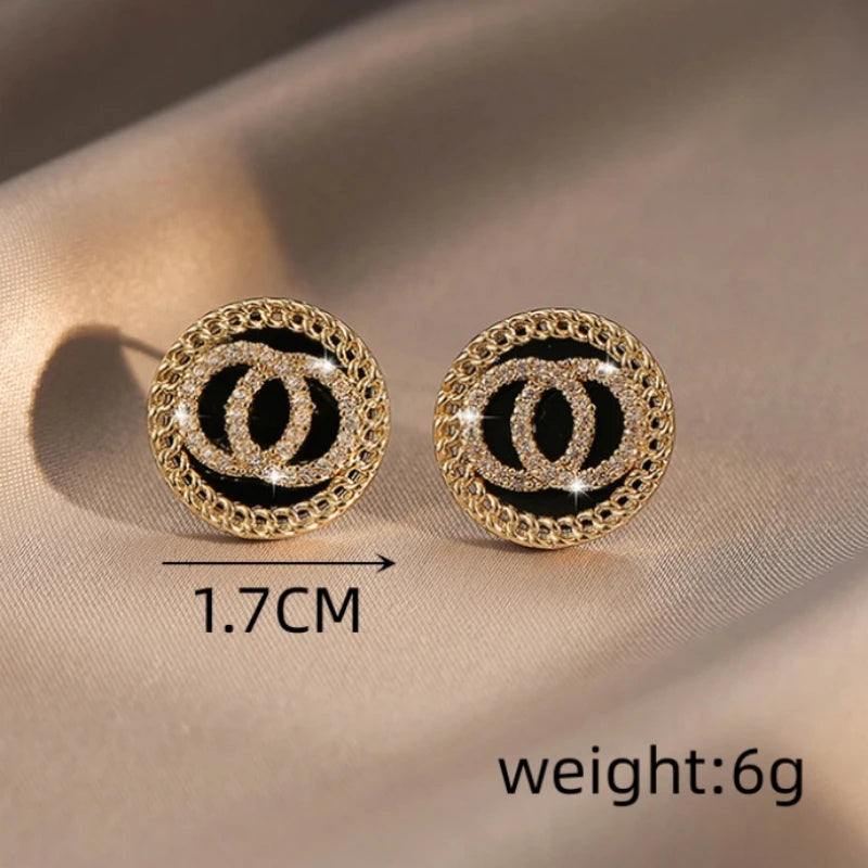 Black Enamel Crystal Double Round Circles Stud Earring for Women