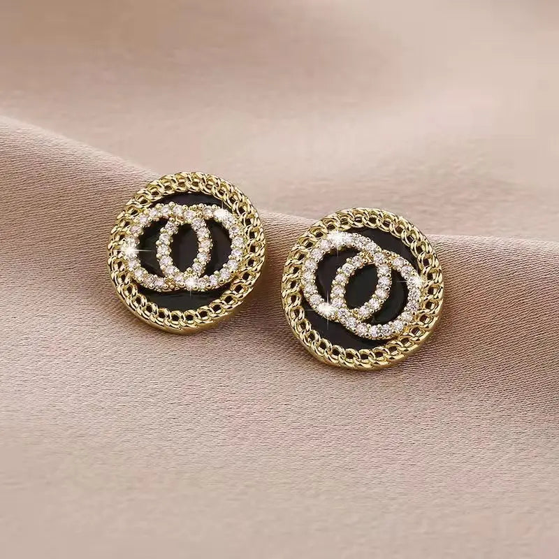 Black Enamel Crystal Double Round Circles Stud Earring for Women