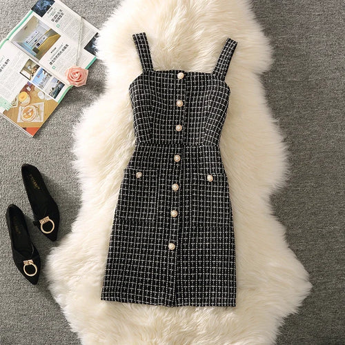 Vintage Tweed Dress Women Summer Autumn Single-breasted Spaghetti