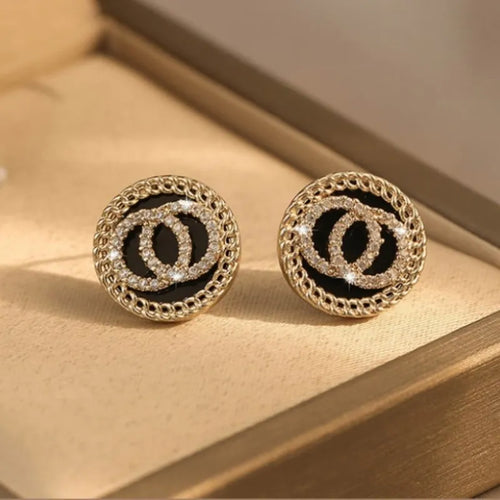 Black Enamel Crystal Double Round Circles Stud Earring for Women