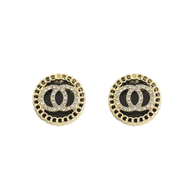 Black Enamel Crystal Double Round Circles Stud Earring for Women