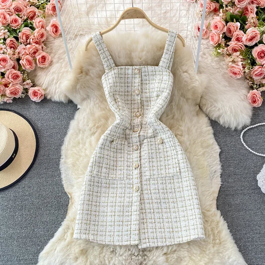 Vintage Tweed Dress Women Summer Autumn Single-breasted Spaghetti